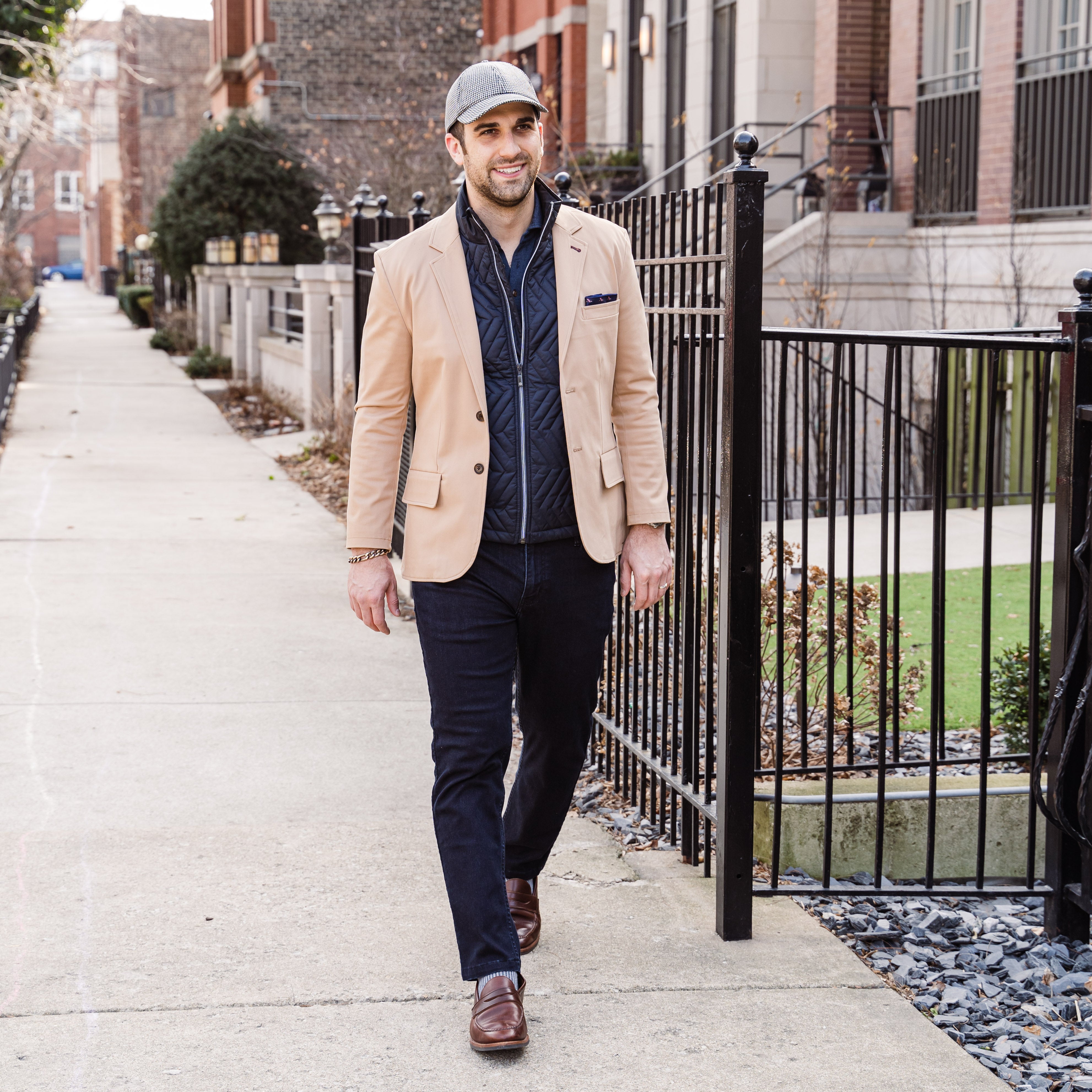 Vandre 100% Wool Houndstooth hat styled casually with a vest and blazer