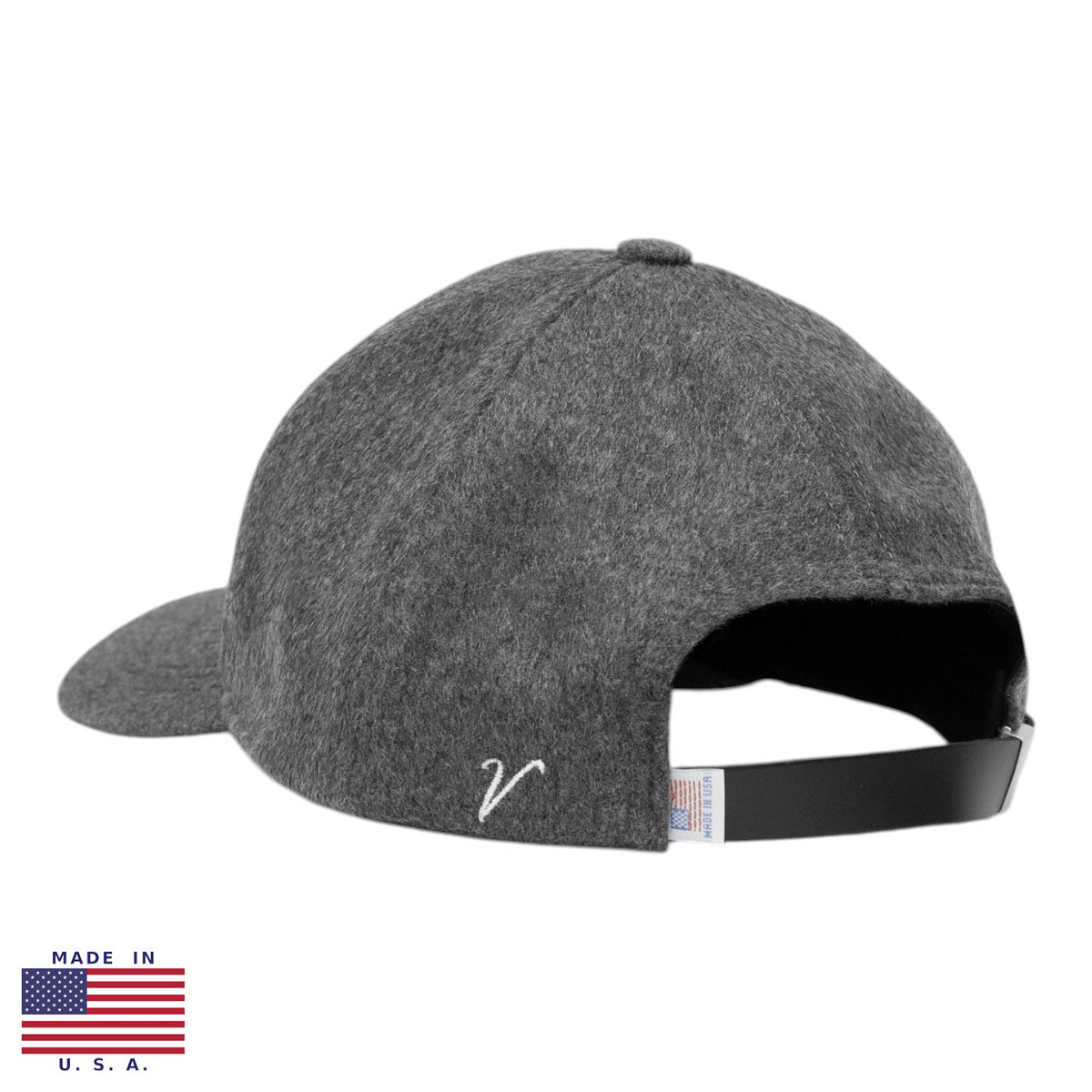 Vandre 100% wool baseball hat in gray with black leather strap and brushed nickel closure