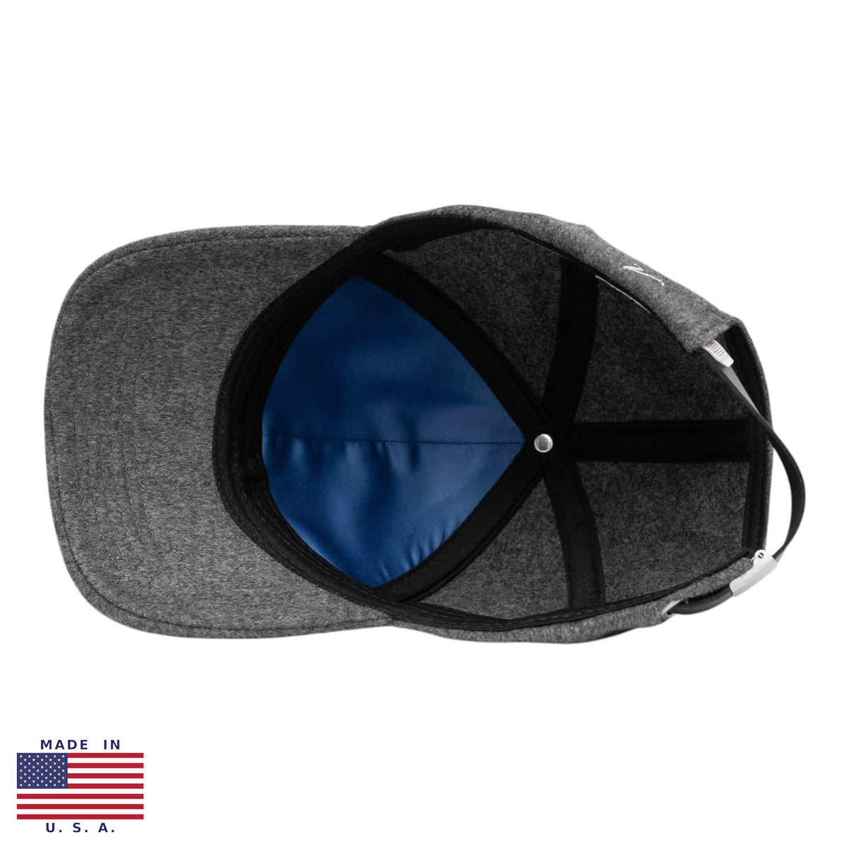 Vandre gray wool baseball hat with structured front panels, made in USA with 100% Egyptian cotton lining